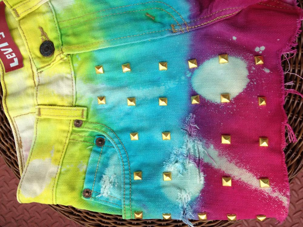 High Waisted Studded Destroyed Tie Dye Levi Cut Off Shorts