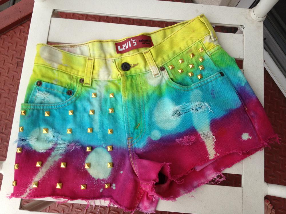 High Waisted Studded Destroyed Tie Dye Levi Cut Off Shorts on Luulla