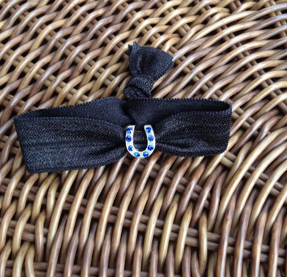 Elastic Hair Tie (and Bracelet) W/ Blue Rhinestone Horseshoe European Bead (fits Pandora)